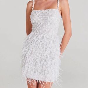 NADINE MERABI Ivory Feathered Carrie Dress